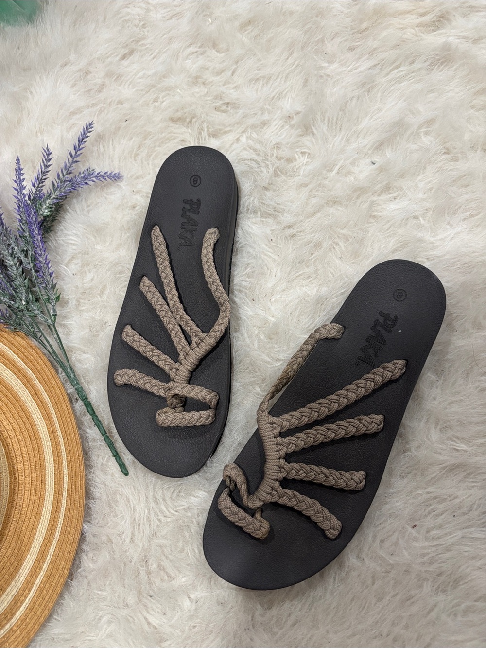 Braided Rope Slide Sandals - Taupe on Black